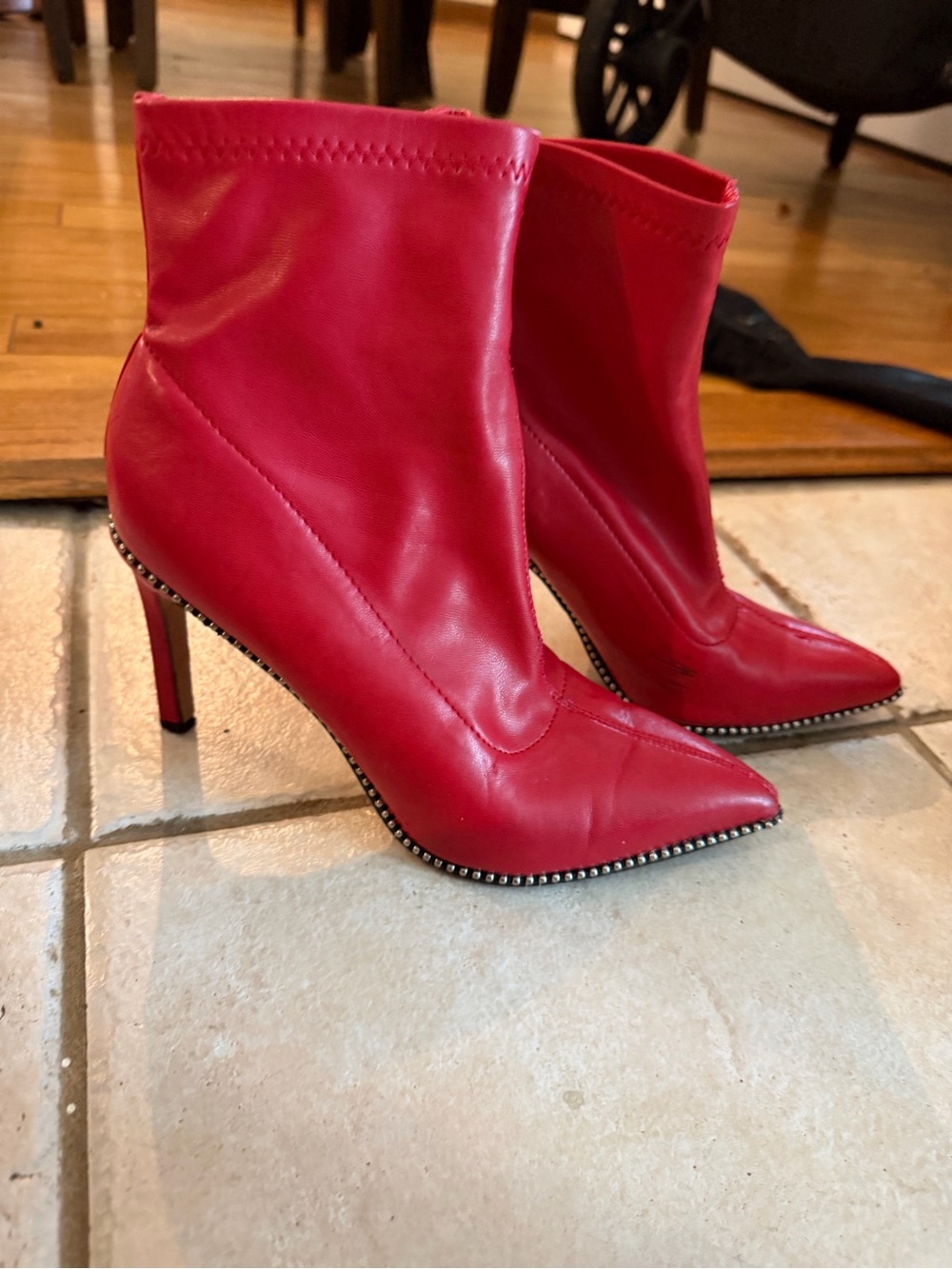 Bar III Red Pointed-Toe Stiletto Ankle Booties with Studded Trim